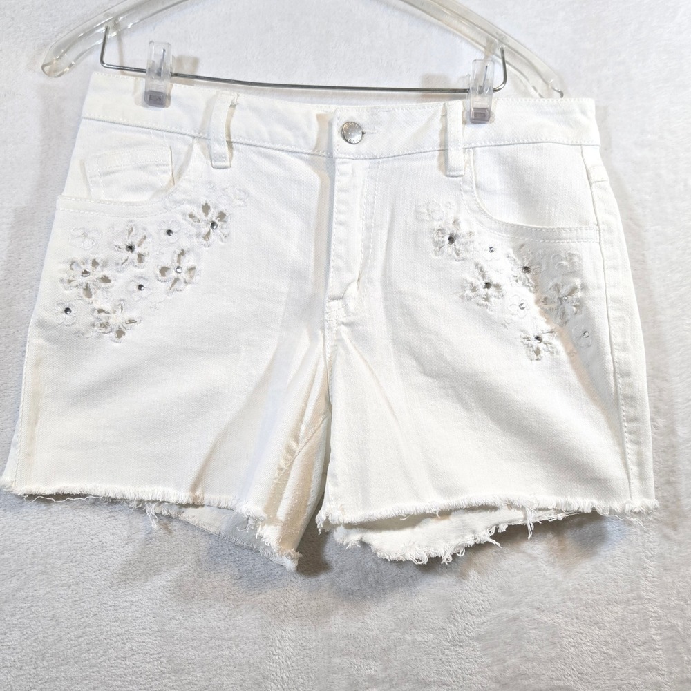 Cato Women Floral Embroidered Denim Shorts White Cotton Casual Size 10